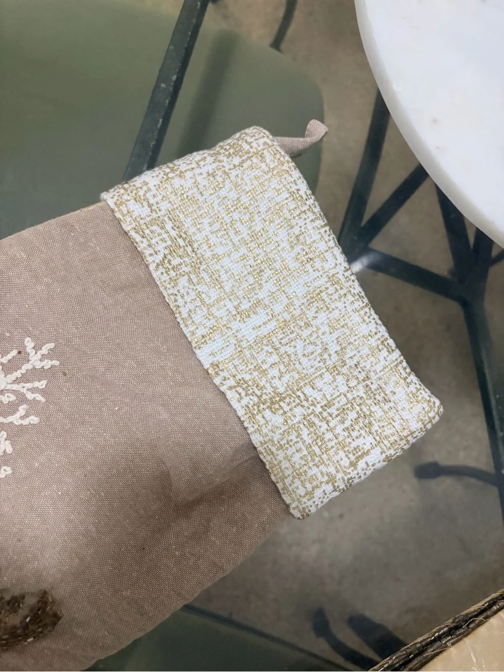 Tahari Beige and Gold Reindeer Holiday Stocking